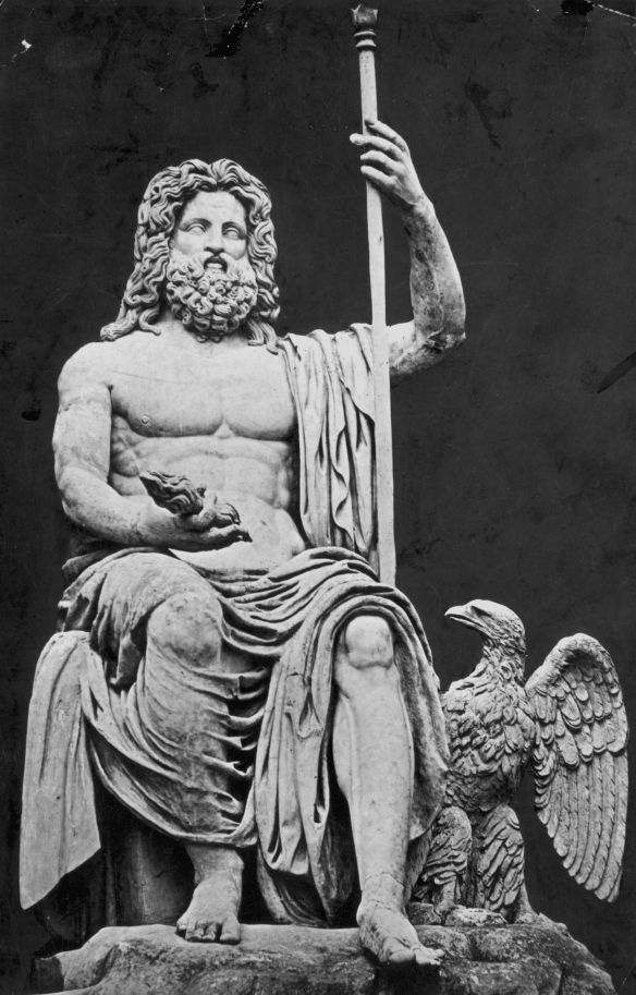 circa 1920: Jupiter, the Italian sky-god connected with rain, storms and thunder, who was identified with the Olympian Father of the gods, Zeus. A Colossal statue found on the shores of Lake Alba Longa. (Photo by Hulton Archive/Getty Images)